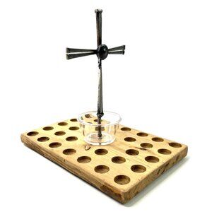 Vintage Hand Made Wood Communion Tray with Metal Cross 30 Cup